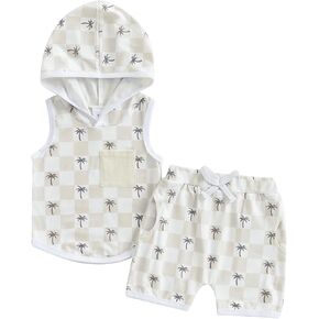 Toddler Baby Boy Summer Clothing Checkered Palm Tree Sleeveless Hoodie Tank Tops and Shorts 2Pcs Outfits Set