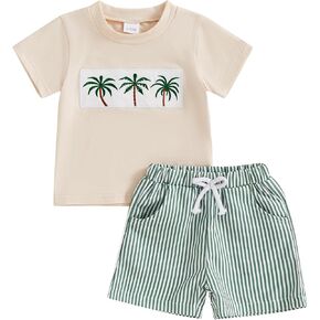 Toddler Baby Boy Summer Clothes Short Sleeve Embroidery Car Fish T-shirt Striped Shorts Set 2 Piece Outfit