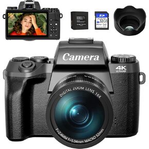 Saneen Digital Camera, 4k Cameras for Photography, 64MP WiFi Touch Screen Vlogging Camera with Flash, 32GB Card, Lens Hood,3000mAH Battery, Front and Rear Cameras,Hot Shoe Interface Beginner
