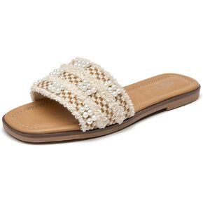 ALLOT Women's Pearls Flat Sandals Square Toe Slip On Comfortable Slides Summer Casual Beach Shoes