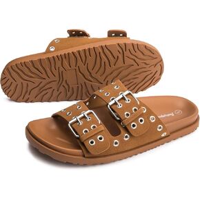 FUNKYMONKEY Women's Eyelets Adjustable Double Strap Slides Slip On Comfort Flat Sandals for Summer