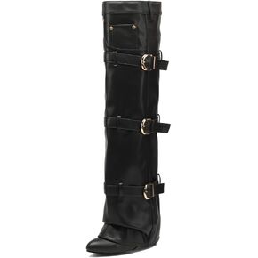 طية Yiya Women's Over Knee High Boots مع Buckle مدببة إصبع القدم الكثيفة عالية الكعوب بأحذية طويلة