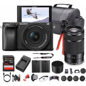 Sony Alpha a6100 Mirrorless Camera with 16-50mm OSS II Lens and 55-210mm Zoom Lenses (ILCE6100XB) + 64GB Memory Card + NP-FW50 Battery + Camera Bag + Charger + Flexible Tripod + Cleaning Kit + More