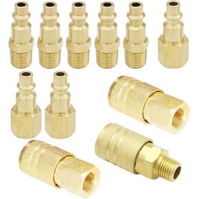 Air Hose Fittings Universal Air Coupler and Industrial M Type Air Plug Kit, Solid Brass 1/4 Inch Body Size With 1/4 Inch NPT Threads For Air Tools Air Compressor Accessories Fittings (11 Pcs)