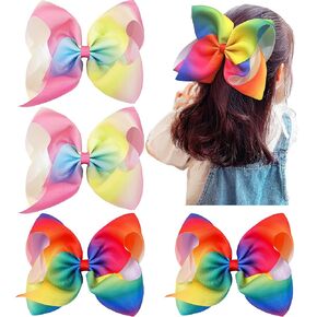 4Pcs/8 inch Grosgrain Ribbon Bows for Girls, Rainbow Large Hair Bows Alligator Clips Hair Barrettes Accessories for Toddler Teens Girls
