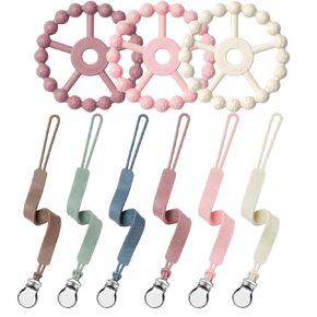 3 Silicone Ring Teether and Pacifier Clip, Seposeve Pack of 6 Baby Pacifier Teether Clip for Babies 0-6 Months, Teething Ring Toys, Keeps Teethers Clean, 6-12 Months 12-24 Months