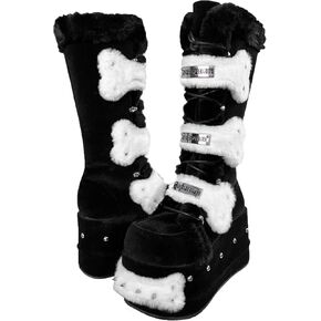 GURURU Women's Goth Boots with Bone Shape Elements - Mid Calf, Chunky High Heel, Punk Goth, Warm Fur Platform Boots