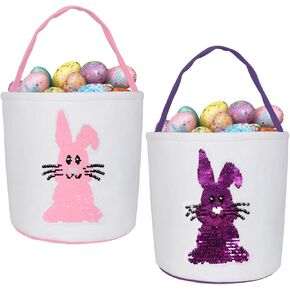 2 Pack Easter Bunny Basket Bags for Kids,Easter Bunny Basket Egg Bags, Easter Egg Hunt Basket with Handle,Canvas Fluffy Tails Rabbit Bags Buckets for Party Gifts(Pink+Purple)