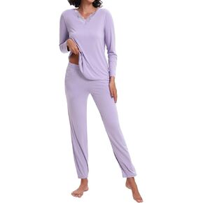 بيجامة نسائية 95% فيسكوز مصنوعة من الخيزران 5% سباندكس بأكمام طويلة وأزرار سفلية طقم ملابس نوم محبوكة ناعمة in Kuwait