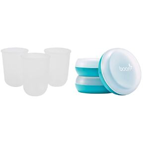 Boon Nursh Reusable Replacement Pouch with Collapsible Silicone Pouch Design Gray - 8 Oz & Nursh Baby Bottle Storage Buns - Baby Bottle Holder for Nursh Baby Bottles Blue and White - 3 Count
