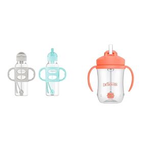 Dr. Brown's Milestones Narrow Sippy Straw Bottle with 100% Silicone Handles, 8oz/250mL, Gray & Dr. Brown’s Milestones Baby’s First Straw Cup, Training Cup with Weighted Straw, Coral, 6m+