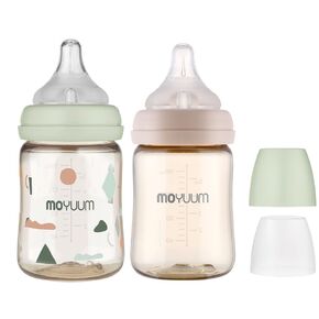 Anti-Colic All in One Baby Bottle Double Set for 0-6M PPSU Breastfeeding, Wide-Neck Non-Tip Stable Base, Easy to Clean Natural 170ml, 6oz, Stage 1 (Slow Flow)