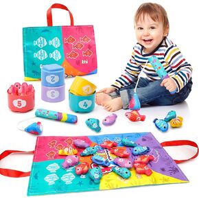 Montessori Toys for 1 Year Old, 22PCS Cloth Fishing Game Set Learning Toys for Toddlers 1-3 with Stacking Cups, Number Counting, Color Sorting, Shape Learning for Boy Girl Birthday Gift