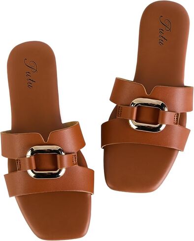 Putu Women's Flat Sandals Square Open Toe Slide Sandals Casual Summer Sandals with Metallic Buckle in Kuwait