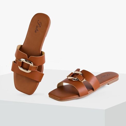 Putu Women's Flat Sandals Square Open Toe Slide Sandals Casual Summer Sandals with Metallic Buckle in Kuwait