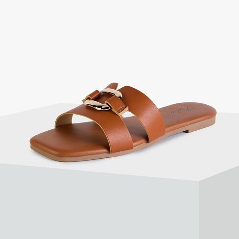 Putu Women's Flat Sandals Square Open Toe Slide Sandals Casual Summer Sandals with Metallic Buckle in Kuwait