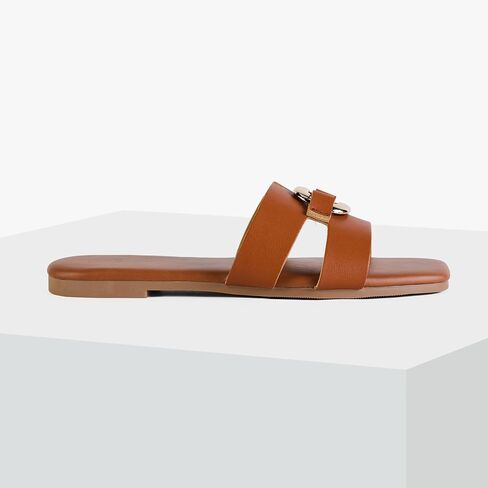 Putu Women's Flat Sandals Square Open Toe Slide Sandals Casual Summer Sandals with Metallic Buckle in Kuwait