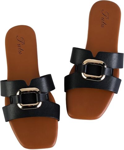 Putu Women's Flat Sandals Square Open Toe Slide Sandals Casual Summer Sandals with Metallic Buckle in Saudi Arabia