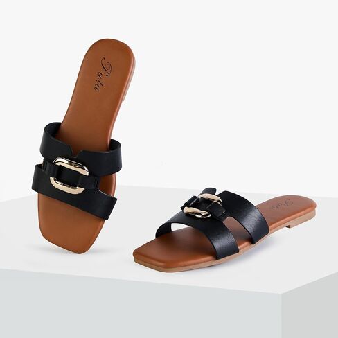 Putu Women's Flat Sandals Square Open Toe Slide Sandals Casual Summer Sandals with Metallic Buckle in Saudi Arabia