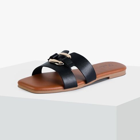 Putu Women's Flat Sandals Square Open Toe Slide Sandals Casual Summer Sandals with Metallic Buckle in Saudi Arabia
