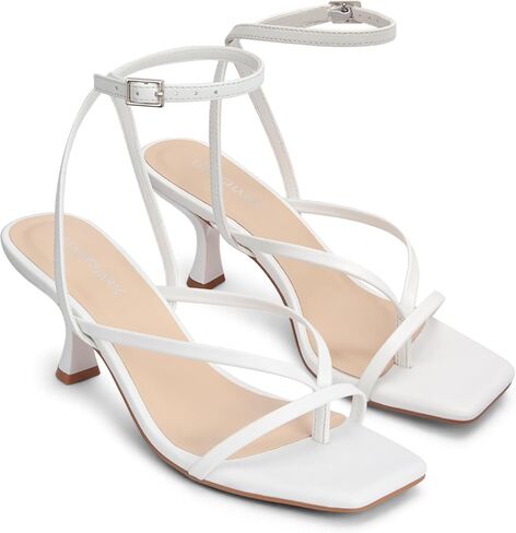 Women's Kitten Heel Strappy Open Square Toe Thong Ankle Strap Heels for Wedding in Kuwait