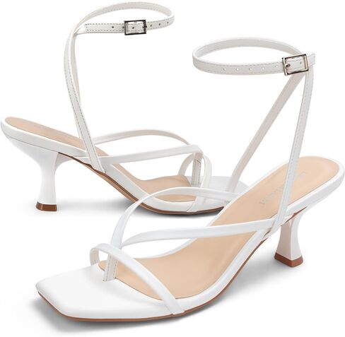 Women's Kitten Heel Strappy Open Square Toe Thong Ankle Strap Heels for Wedding in Kuwait