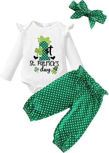 Baby Girl My First St Patricks Outfit - Newborn Shamrock Clover Long Sleeve Romper Pants Headband Cute Clothes Set in Kuwait