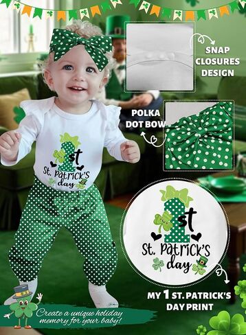 Baby Girl My First St Patricks Outfit - Newborn Shamrock Clover Long Sleeve Romper Pants Headband Cute Clothes Set in Kuwait