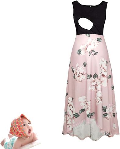 H & Joy Womens Maternity Press Dress Midi Floral Dress Frust Franting Summer Dresses Pink in Saudi Arabia