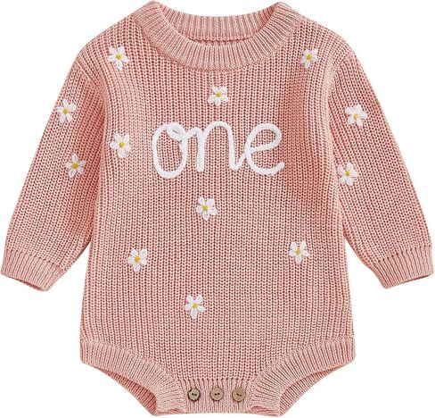 Honganda Infant Baby Girl First Birthday Romper Sweater Long Sleeve One Flower Embroidery Knit Onesie Fall Winter Outfit in Saudi Arabia