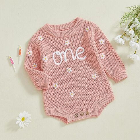 Honganda Infant Baby Girl First Birthday Romper Sweater Long Sleeve One Flower Embroidery Knit Onesie Fall Winter Outfit in Saudi Arabia