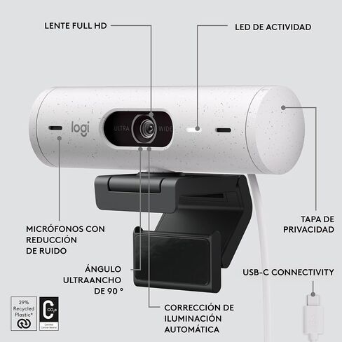 Logitech Brio 500 Full HD Webcam: تصحيح الضوء التلقائي ، التقطيع التلقائي ، المشاهدة ، ميكروفونات تقليل الضوضاء ، كاميرا الويب الخاصة بالخصوصية ، لفرق Microsoft ، Google Meet ، Zoom - Pink in Kuwait