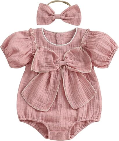 Newborn Infant Baby Girl Summer Outfit Bow Cotton Linen Short Sleeve Smocked Bubble Romper Bodysuit with Headband in Kuwait