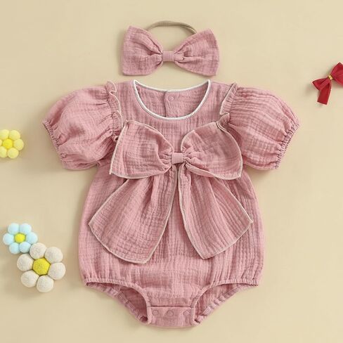 Newborn Infant Baby Girl Summer Outfit Bow Cotton Linen Short Sleeve Smocked Bubble Romper Bodysuit with Headband in Kuwait