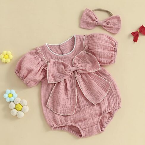 Newborn Infant Baby Girl Summer Outfit Bow Cotton Linen Short Sleeve Smocked Bubble Romper Bodysuit with Headband in Kuwait
