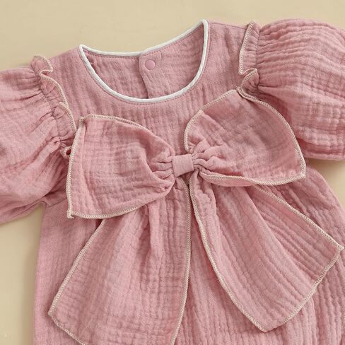 Newborn Infant Baby Girl Summer Outfit Bow Cotton Linen Short Sleeve Smocked Bubble Romper Bodysuit with Headband in Kuwait