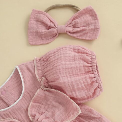 Newborn Infant Baby Girl Summer Outfit Bow Cotton Linen Short Sleeve Smocked Bubble Romper Bodysuit with Headband in Kuwait