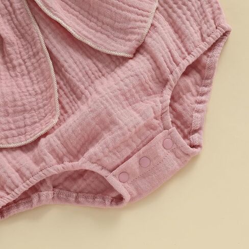 Newborn Infant Baby Girl Summer Outfit Bow Cotton Linen Short Sleeve Smocked Bubble Romper Bodysuit with Headband in Kuwait