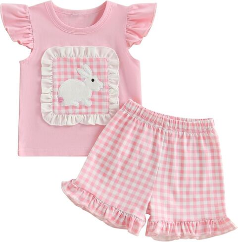 Beqeuewll Toddler Baby Girls Girls Summer Closy Bunny Short Sleeve Shirt Shirt Plaid Shirts 2pcs مجموعات الفتيات in Kuwait