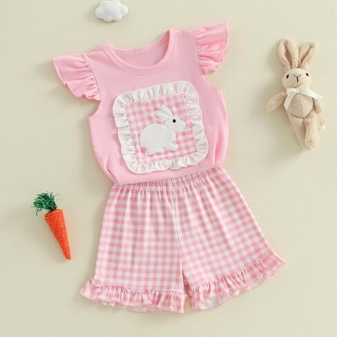 Beqeuewll Toddler Baby Girls Girls Summer Closy Bunny Short Sleeve Shirt Shirt Plaid Shirts 2pcs مجموعات الفتيات in Kuwait