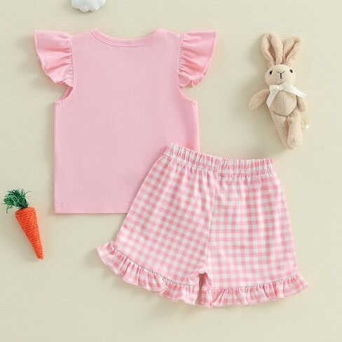 Beqeuewll Toddler Baby Girls Girls Summer Closy Bunny Short Sleeve Shirt Shirt Plaid Shirts 2pcs مجموعات الفتيات in Kuwait