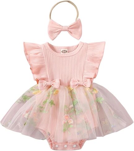 Newborn Baby Girl Tutu Romper Dress Infant Party Sleeveless Ruffled Flower Embroidery Lace Tulle Princess Skirt Headband Set in Saudi Arabia
