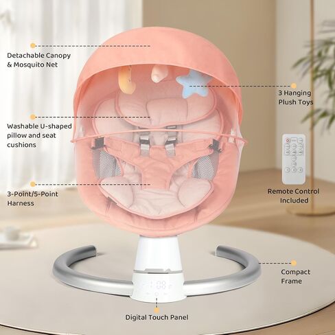 Baby Swing for Infants, Baby Rocker with 5 Speed & 10 Preset Lullabies, Bluetooth Support, 5 Point Harness with Remote Control and 3 Hanging Toys, Pink in Saudi Arabia