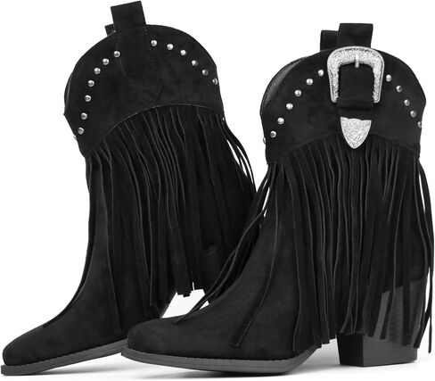 Hawkwell Women's Fringe Cowboy Cowgirl Boots Snip Toe Pull On Dress Western Ankle Booties in Kuwait