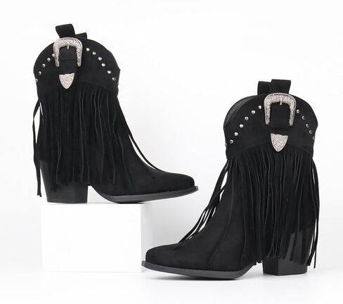 Hawkwell Women's Fringe Cowboy Cowgirl Boots Snip Toe Pull On Dress Western Ankle Booties in Kuwait