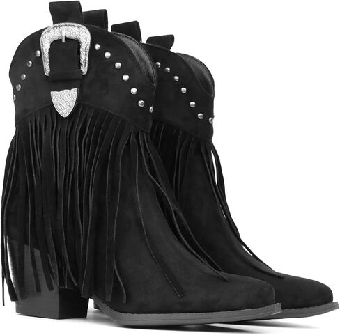Hawkwell Women's Fringe Cowboy Cowgirl Boots Snip Toe Pull On Dress Western Ankle Booties in Kuwait