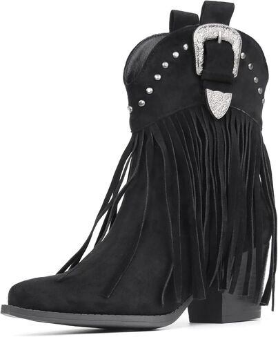 Hawkwell Women's Fringe Cowboy Cowgirl Boots Snip Toe Pull On Dress Western Ankle Booties in Kuwait