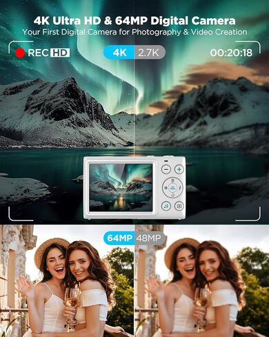 الكاميرا الرقمية ، التركيز التلقائي 64 ميجابكسل UHD 4K Vlogging كاميرا 18x ZOOM الرقمية ، نقطة مضغوطة محمولة واطلاق النار على تربية الكاميرا الرقمية in Kuwait