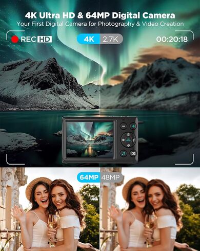 الكاميرا الرقمية ، التركيز التلقائي 64 ميجابكسل UHD 4K Vlogging كاميرا 18x ZOOM الرقمية ، نقطة مضغوطة محمولة واطلاق النار على تربية الكاميرا الرقمية in Kuwait