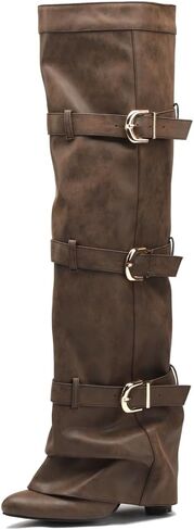 YIYA Women's Fold Over Knee High Boots with Buckle Pointed Toe Chunky High Heels Tall Boots in Saudi Arabia